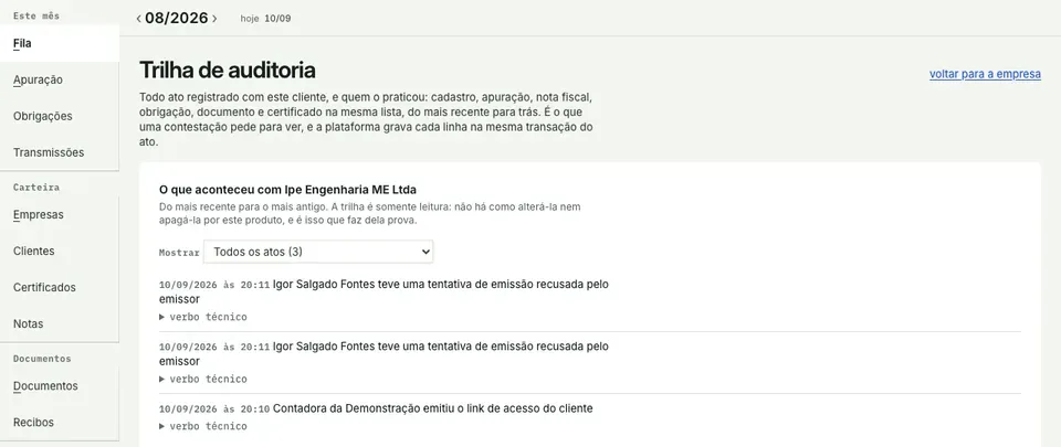 Trilha de auditoria listando, com data, hora e autor, uma tentativa de emissão recusada pelo emissor e o link de acesso do cliente emitido pela contadora.